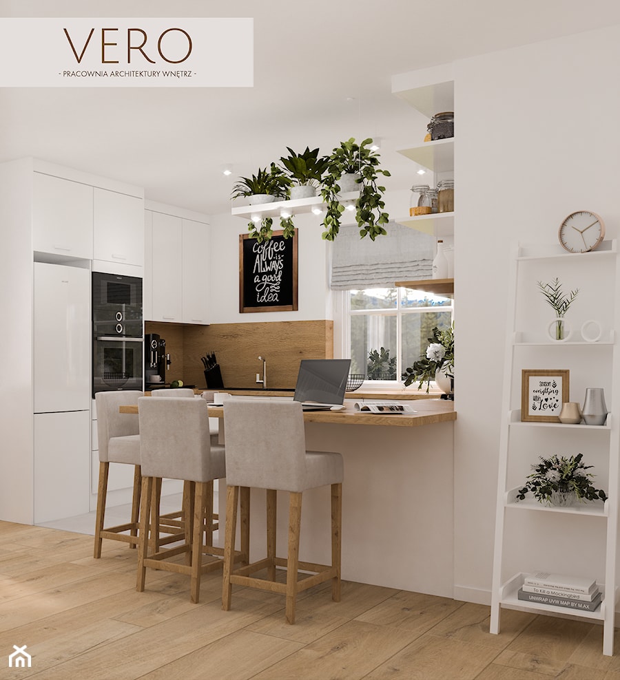 Biało-drewniana kuchnia z widokiem - zdjęcie od VERO - Pracownia Architektury Wnętrz