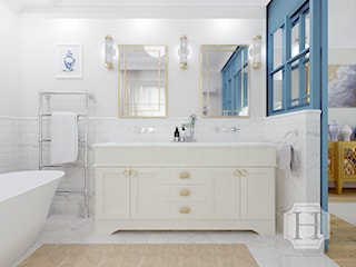 Master Bathroom COASTAL FARM Projekt głównej sypialni z łazienką i garderobą w W