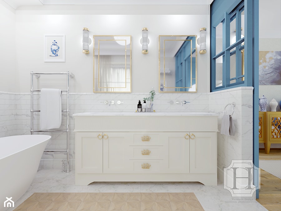 Master Bathroom COASTAL FARM Projekt głównej sypialni z łazienką i garderobą w Willi Parkowej 4. - zdjęcie od Heimann Design