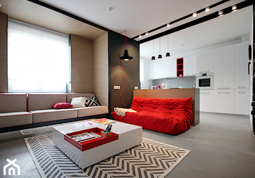 20th Floor - Średni biały czarny salon z kuchnią, styl minimalistyczny - zdjęcie od Nika Vorotyntseva architecture-design bureau