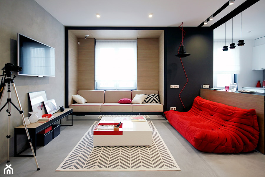20th Floor - Średni biały czarny szary salon z kuchnią, styl minimalistyczny - zdjęcie od Nika Vorotyntseva architecture-design bureau