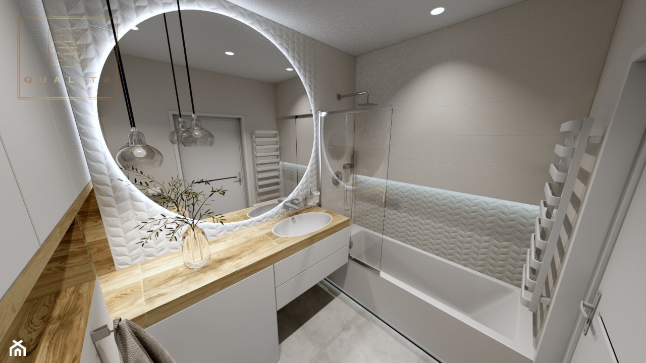 Jasna łazienka z dużym okrągłym lustrem - zdjęcie od Qualita Interno - Homebook