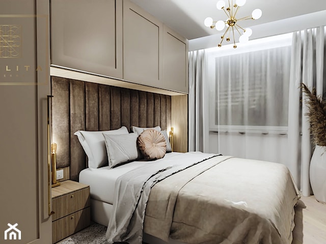 Nowoczesna sypialnia w stylu art deco w kolorze szampańskim