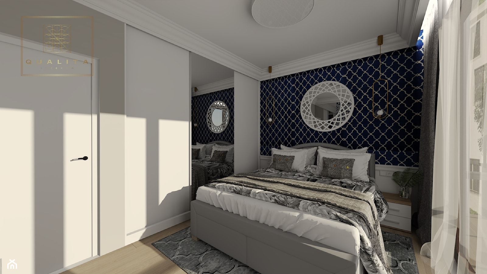 Sypialnia z granatową tapetą - zdjęcie od Qualita Interno - Homebook