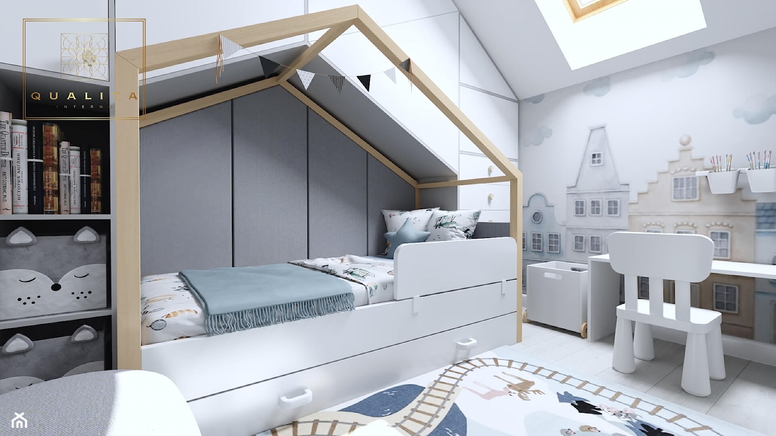 Pokój dla 3 latka z łóżkiem domek na poddaszu ze skosami - zdjęcie od Qualita Interno - Homebook
