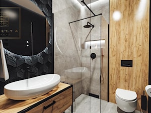 Łazienka z czarnymi płytkami i drewnem - zdjęcie od Qualita Interno