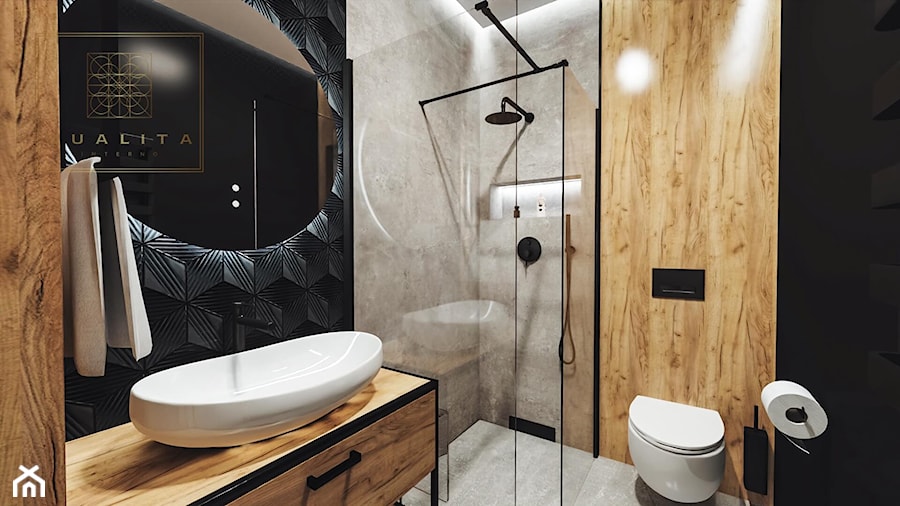 Łazienka z czarnymi płytkami i drewnem - zdjęcie od Qualita Interno