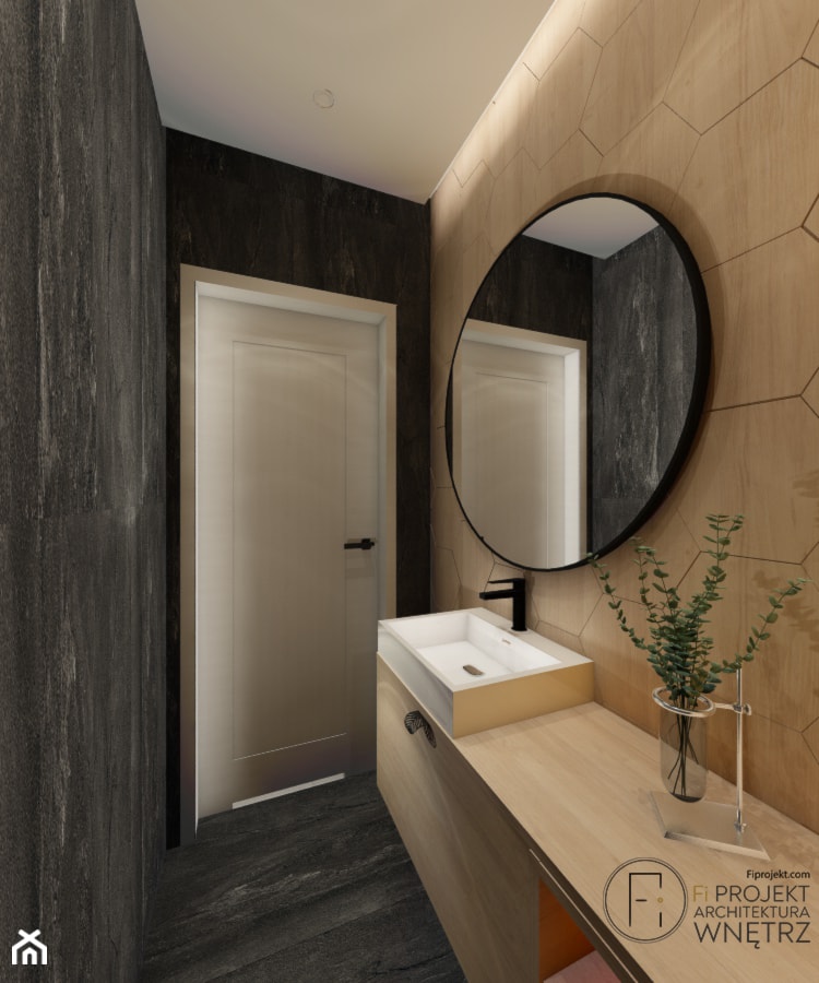 industrialna łazienka z wyraźnymi akcentami drewna - zdjęcie od FI PROJEKT