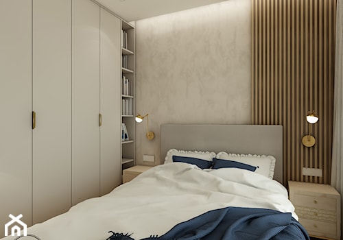 przytulna sypialnia drewnianymi z lamelami - zdjęcie od FI PROJEKT