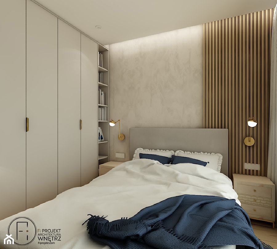 przytulna sypialnia drewnianymi z lamelami - zdjęcie od FI PROJEKT