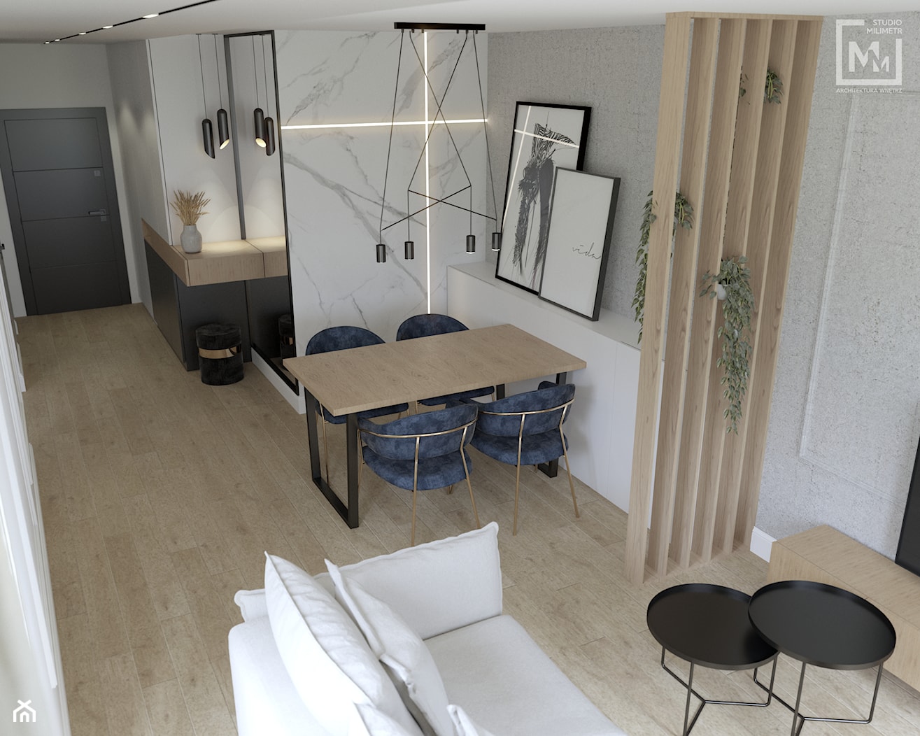 Jasny, przytulny salon z dużą ilością drewna i bieli w mieszkaniu w Zabrzu - zdjęcie od STUDIO MILIMETR - Homebook
