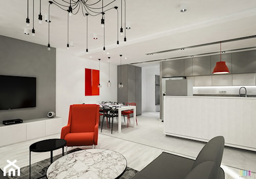 Słoneczne Bielany - Duży biały szary salon z kuchnią z jadalnią, styl minimalistyczny - zdjęcie od KOLORUM