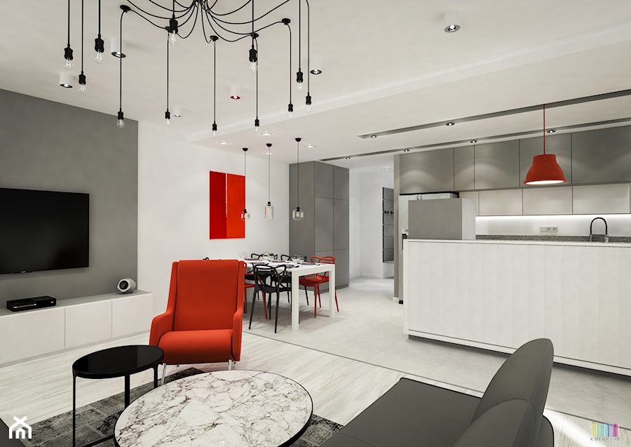 Słoneczne Bielany - Duży biały szary salon z kuchnią z jadalnią, styl minimalistyczny - zdjęcie od KOLORUM
