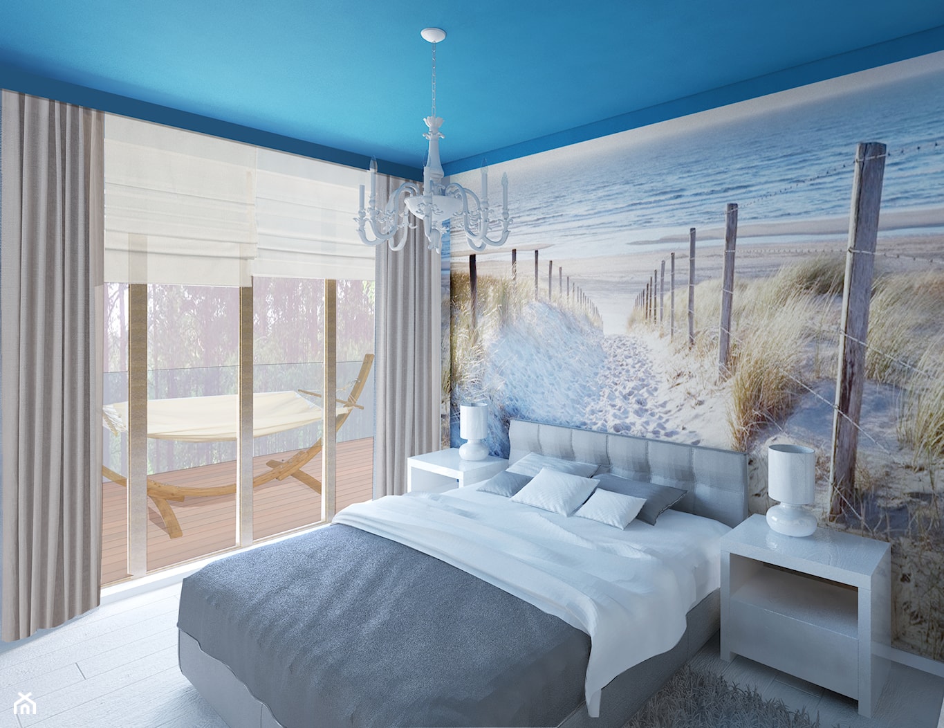 Średnia niebieska sypialnia z balkonem / tarasem, styl skandynawski - zdjęcie od KOLORUM - Homebook