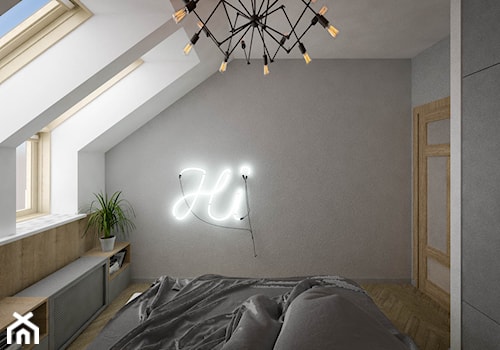"cegła górą" - Mała biała szara sypialnia na poddaszu, styl industrialny - zdjęcie od KOLORUM
