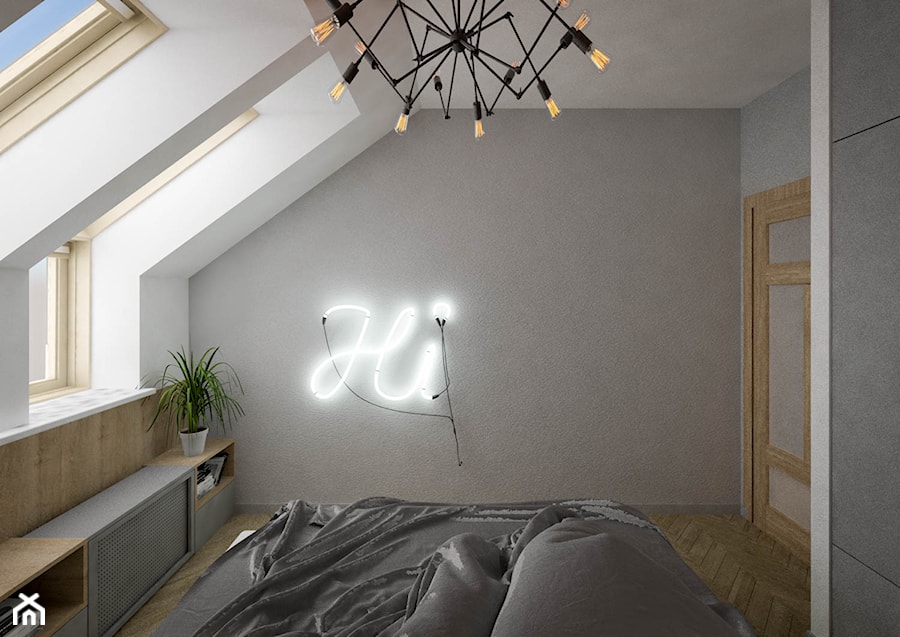 "cegła górą" - Mała biała szara sypialnia na poddaszu, styl industrialny - zdjęcie od KOLORUM