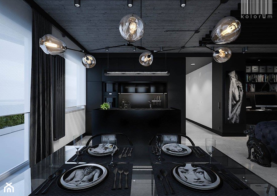 Męskie wnętrze - Średnia czarna jadalnia w salonie w kuchni - zdjęcie od KOLORUM