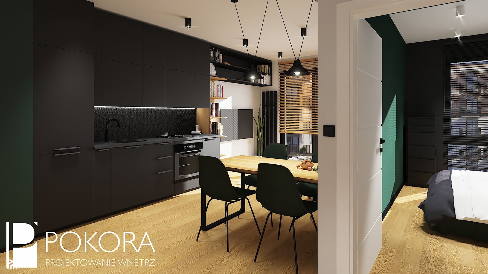 Apartamenty Raków - czarno zielone mieszkanie - Hol / przedpokój, styl nowoczesny - zdjęcie od POKORA - Projektowanie wnętrz - Homebook