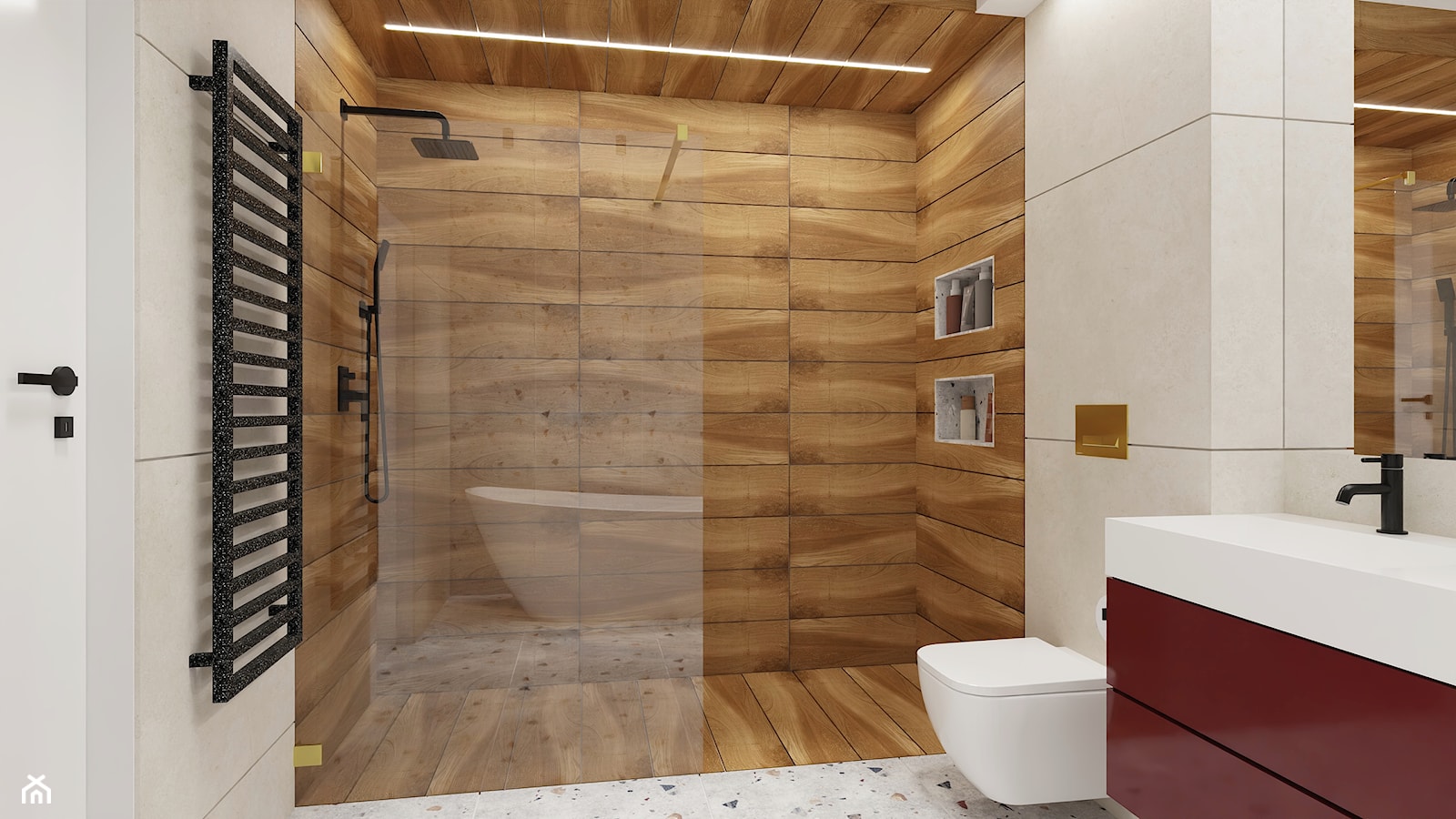 Prysznic pokryty płytkami drewnopodobnymi - zdjęcie od Natalia Krzywosądzka pracownia projektowa - Homebook