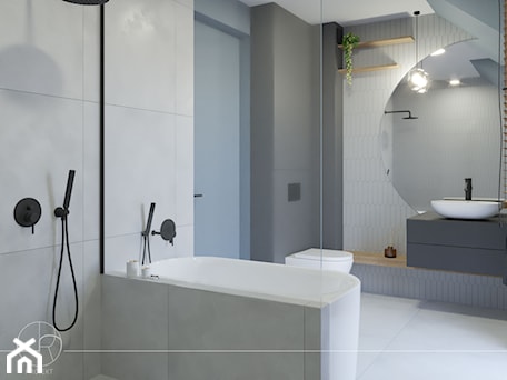 Aranżacje wnętrz - Łazienka: Duża łazienka w domu z wanną oraz prysznicem - Projekt 5R. Przeglądaj, dodawaj i zapisuj najlepsze zdjęcia, pomysły i inspiracje designerskie. W bazie mamy już prawie milion fotografii!