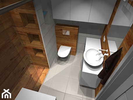 Aranżacje wnętrz - Łazienka: Projekt biało-drewnianej łazienki - Hulinski. Przeglądaj, dodawaj i zapisuj najlepsze zdjęcia, pomysły i inspiracje designerskie. W bazie mamy już prawie milion fotografii!