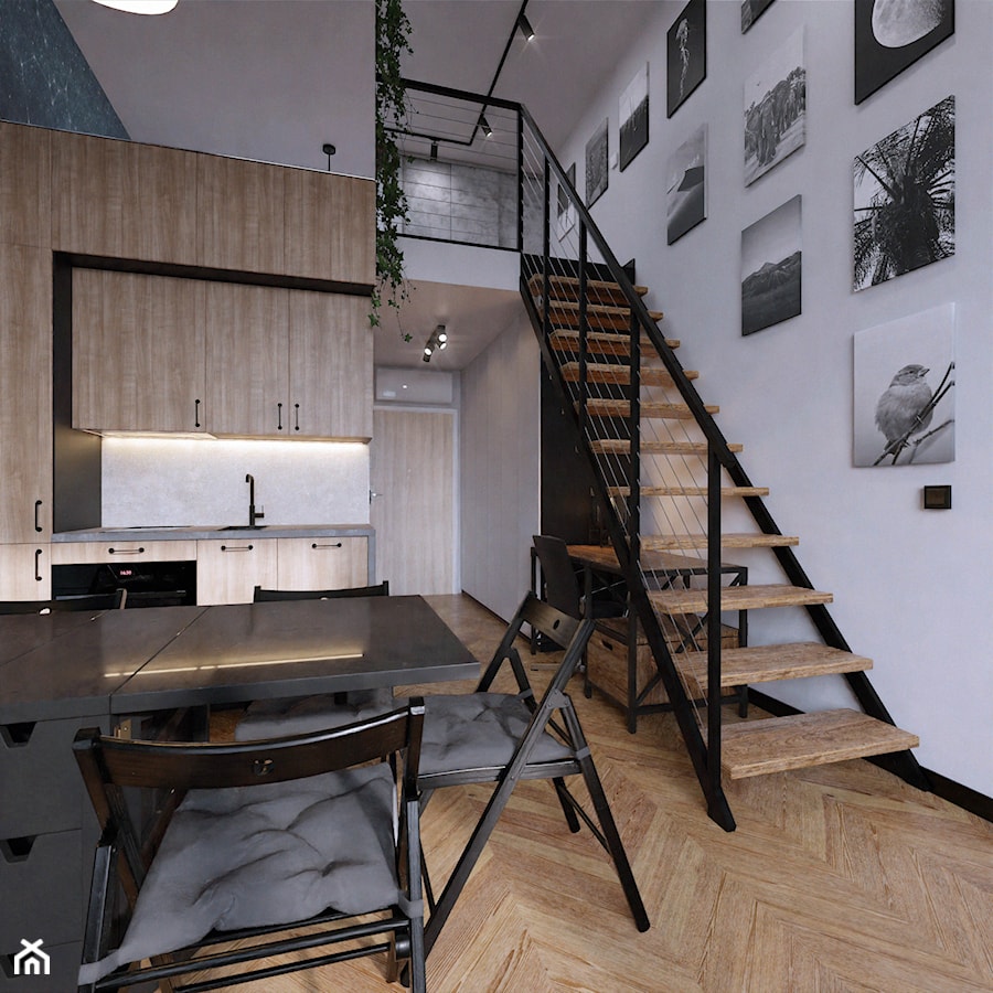 Wrocław Projektowanie wnętrz mieszkanie wysokie loft industrialne jodełka francuska czerń fototapet - zdjęcie od Entropia Design