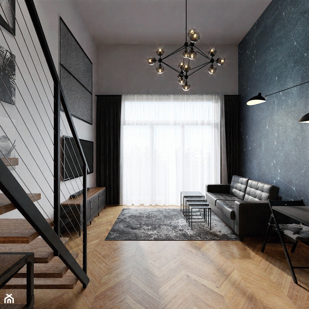 Wrocław Projektowanie wnętrz mieszkanie wysokie loft industrialne jodełka francuska czerń fototapet - zdjęcie od Entropia Design - Homebook