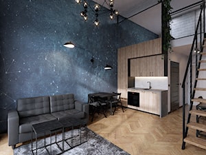 Wrocław Projektowanie wnętrz mieszkanie wysokie loft industrialne jodełka francuska czerń fototapet - zdjęcie od Entropia Design