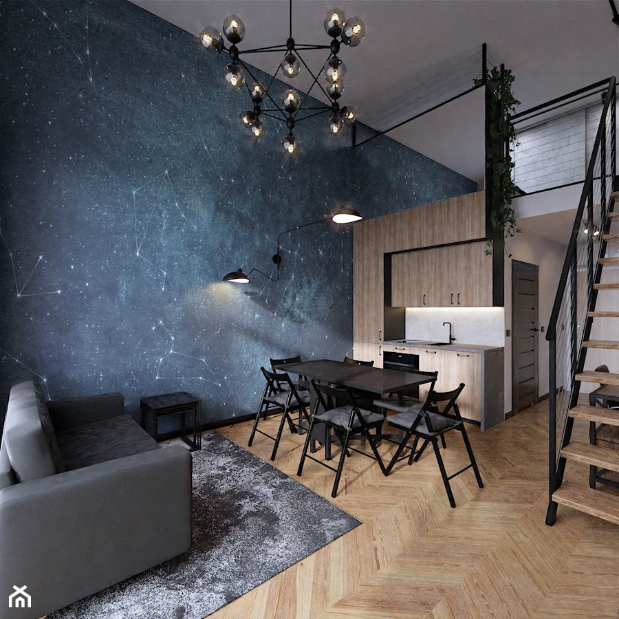 Wrocław Projektowanie wnętrz mieszkanie wysokie loft industrialne jodełka francuska czerń fototapet - zdjęcie od Entropia Design