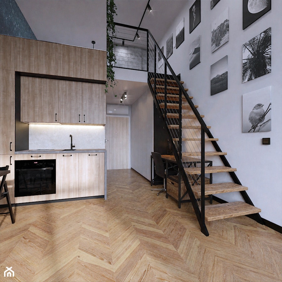 Wrocław Projektowanie wnętrz mieszkanie wysokie loft industrialne jodełka francuska czerń fototapet - zdjęcie od Entropia Design