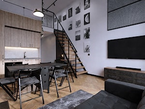 Wrocław Projektowanie wnętrz mieszkanie wysokie loft industrialne jodełka francuska czerń fototapet - zdjęcie od Entropia Design