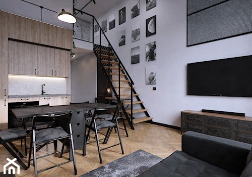 Wrocław Projektowanie wnętrz mieszkanie wysokie loft industrialne jodełka francuska czerń fototapet - zdjęcie od Entropia Design