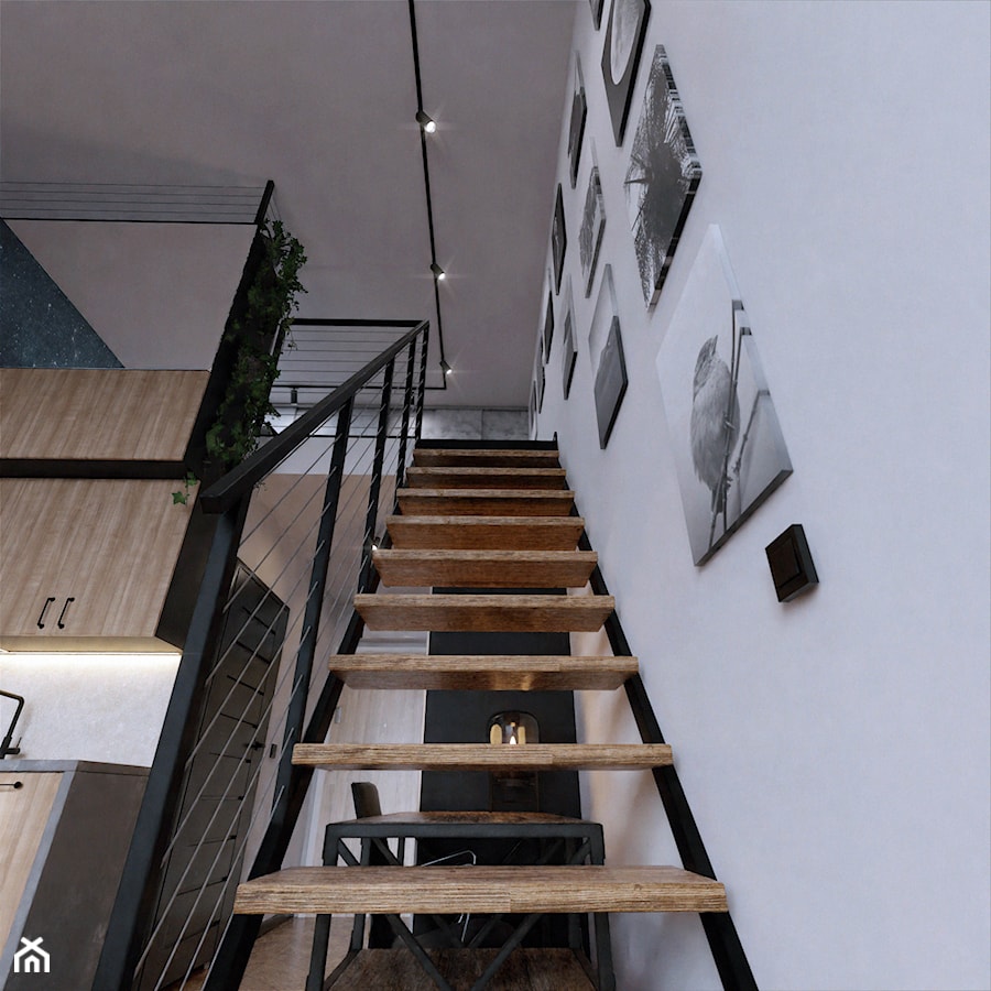 Wrocław Projektowanie wnętrz mieszkanie wysokie loft industrialne jodełka francuska czerń fototapet - zdjęcie od Entropia Design