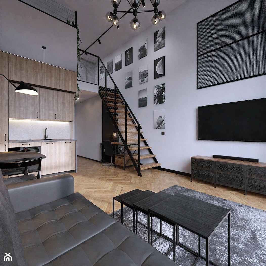 Wrocław Projektowanie wnętrz mieszkanie wysokie loft industrialne jodełka francuska czerń fototapet - zdjęcie od Entropia Design - Homebook