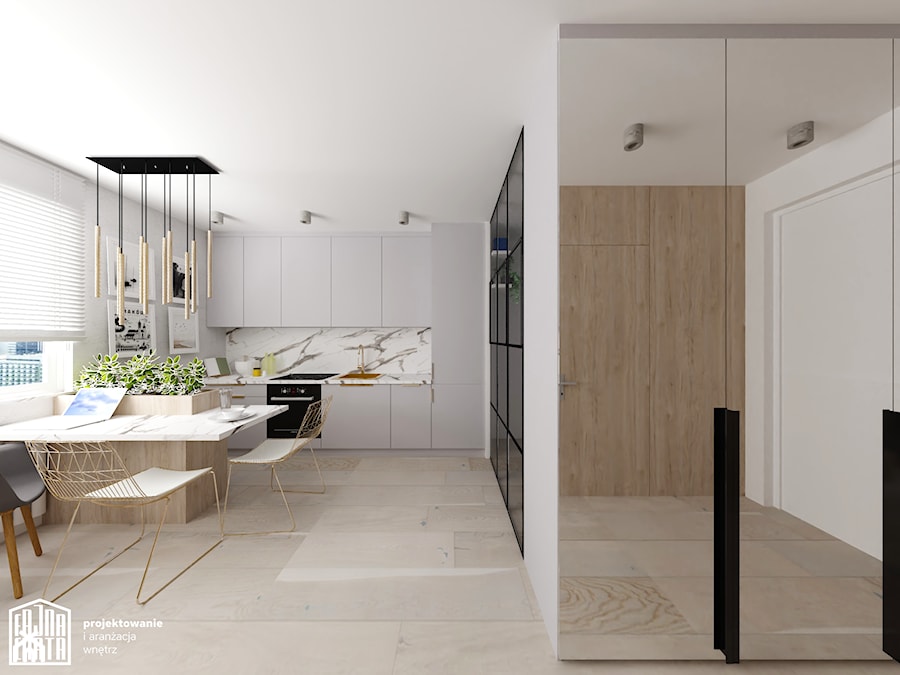 Kuchnia oraz przedpokój, odcienie szarości, drewna i bieli - zdjęcie od Fajna Chata - Projektowanie i aranżacja wnętrz