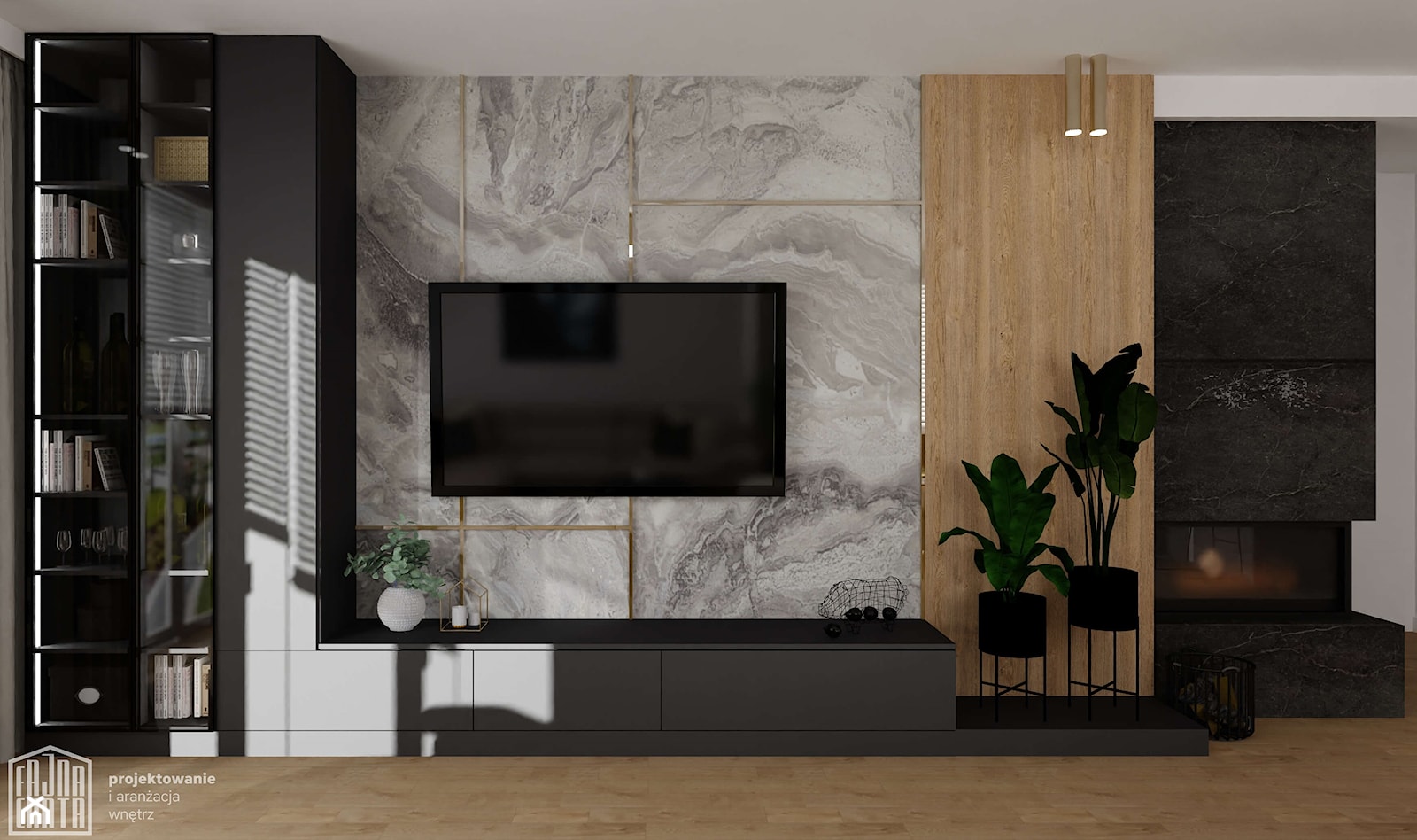 Przytulny dom z nutą elegancji - Średni brązowy czarny szary salon, styl nowoczesny - zdjęcie od Fajna Chata - Projektowanie i aranżacja wnętrz - Homebook