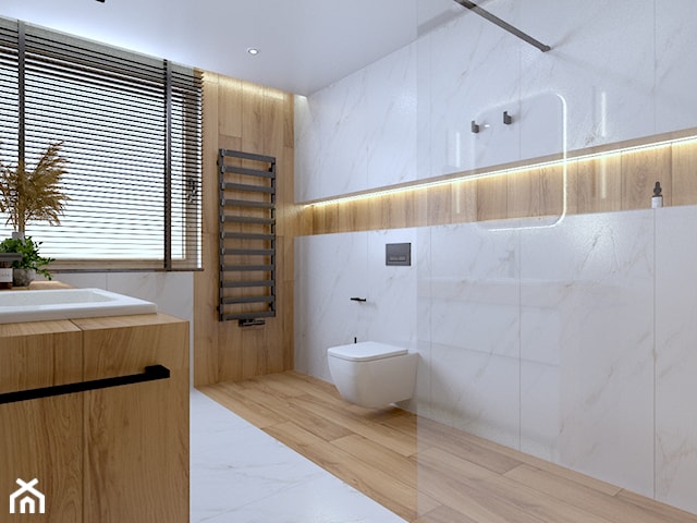 Projekt łazienki marmur i drewno