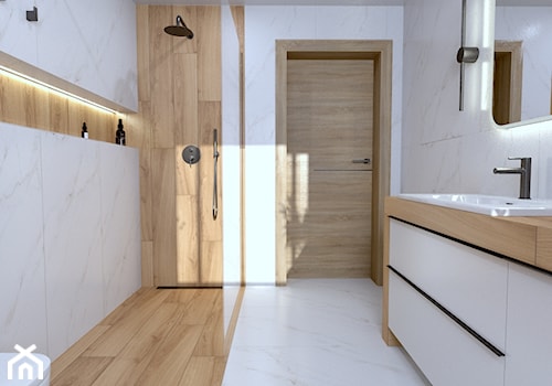 Projekt łazienki marmur i drewno - Łazienka, styl skandynawski - zdjęcie od Nowy Salon Łazienek, 43-175 Wyry, Pszczyńska 20 tel. 510-728-533