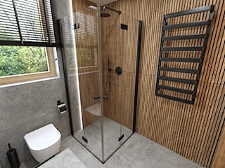 Dom Mysłowice, łazienka mała, odpływ liniowy, płytki beton i drewno