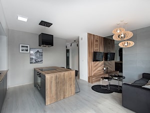 Realizacja Modern Small Apartment - Średnia z salonem szara z zabudowaną lodówką kuchnia dwurzędowa z wyspą lub półwyspem - zdjęcie od DISENO INTERIORS - Apartamenty PREMIUM