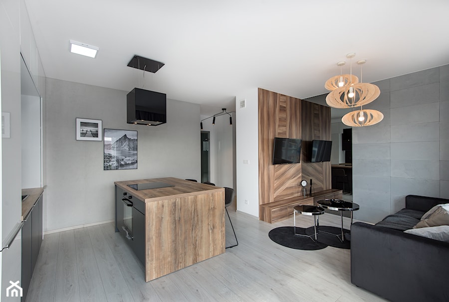 Realizacja Modern Small Apartment - Średnia z salonem szara z zabudowaną lodówką kuchnia dwurzędowa z wyspą lub półwyspem - zdjęcie od DISENO INTERIORS - Apartamenty PREMIUM