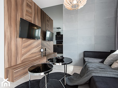 Aranżacje wnętrz - Salon: Realizacja Modern Small Apartment - Mały biały brązowy szary salon - DISENO INTERIORS - Apartamenty PREMIUM. Przeglądaj, dodawaj i zapisuj najlepsze zdjęcia, pomysły i inspiracje designerskie. W bazie mamy już prawie milion fotografii!