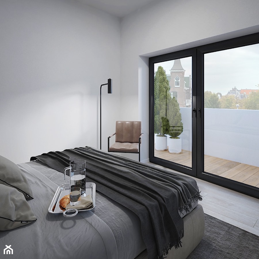 Loft 55 - Mała biała sypialnia z balkonem / tarasem, styl nowoczesny - zdjęcie od DISENO INTERIORS - Apartamenty PREMIUM