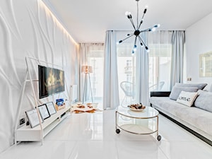 Apartament Wood & White - Średni biały salon z tarasem / balkonem - zdjęcie od DISENO INTERIORS - Apartamenty PREMIUM