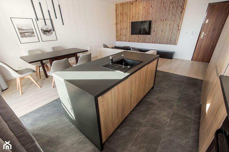 Realizacja Nowoczesny Minimalizm - Średnia biała jadalnia w salonie w kuchni - zdjęcie od DISENO INTERIORS - Apartamenty PREMIUM