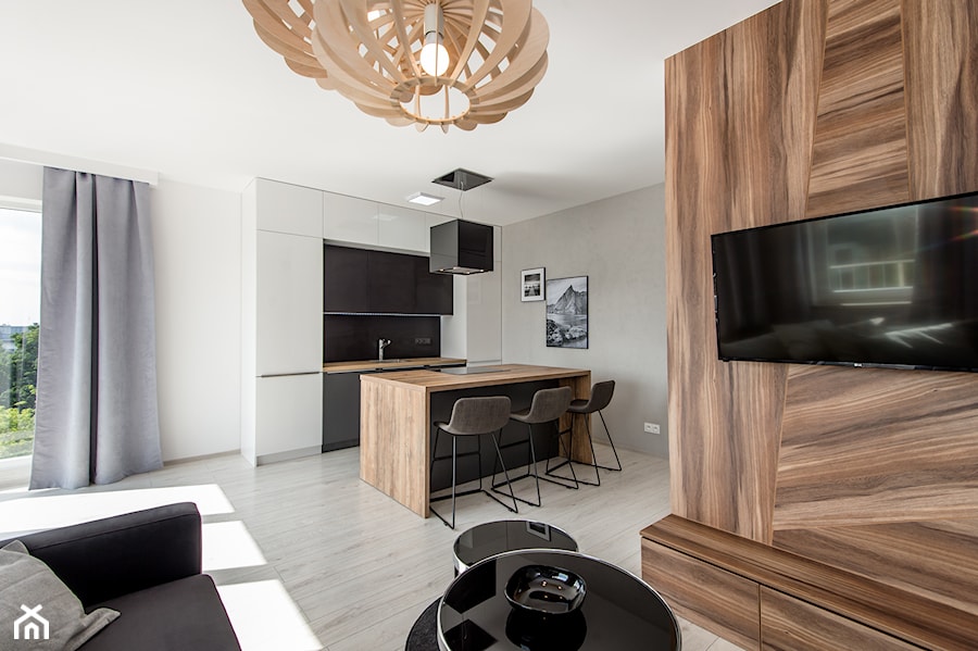 Realizacja Modern Small Apartment - Mały szary salon z kuchnią z jadalnią - zdjęcie od DISENO INTERIORS - Apartamenty PREMIUM