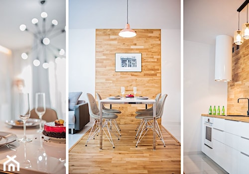 Apartament Wood & White - Duża biała jadalnia w salonie w kuchni - zdjęcie od DISENO INTERIORS - Apartamenty PREMIUM