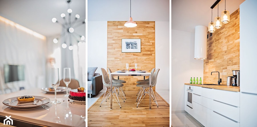 Apartament Wood & White - Duża biała jadalnia w salonie w kuchni - zdjęcie od DISENO INTERIORS - Apartamenty PREMIUM