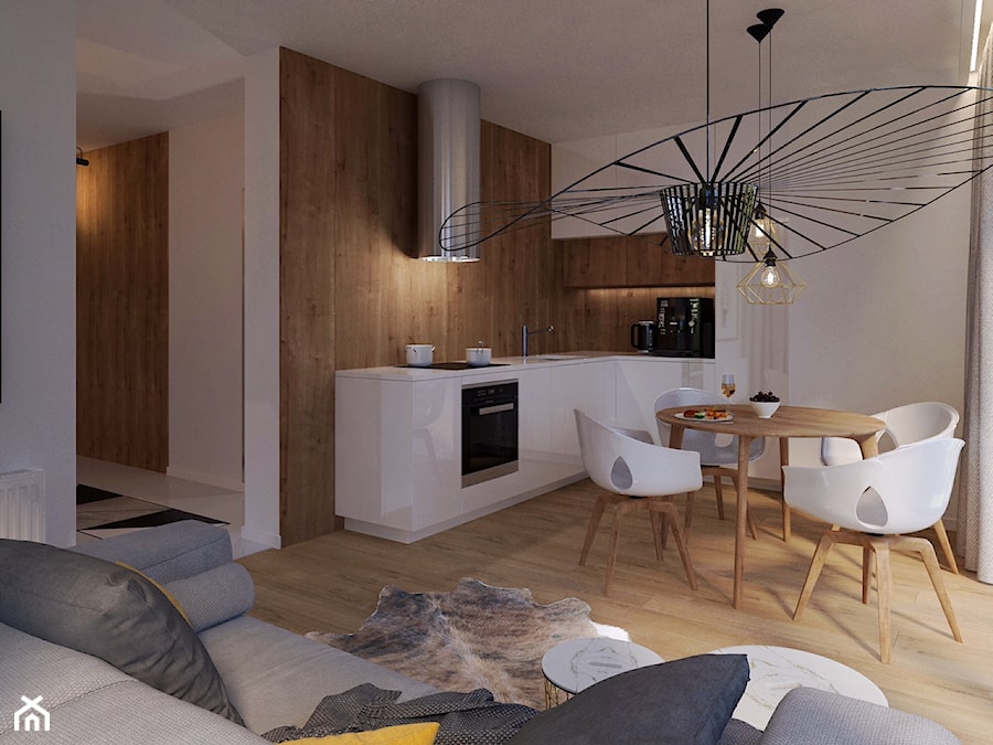 Modern Loft Design - Mała z salonem beżowa biała z zabudowaną lodówką z podblatowym zlewozmywakiem kuchnia w kształcie litery l z oknem - zdjęcie od DISENO INTERIORS - Apartamenty PREMIUM