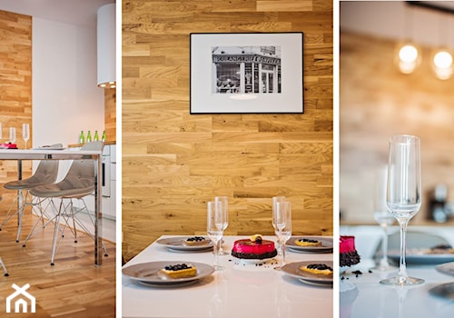Apartament Wood & White - Mała szara jadalnia w kuchni - zdjęcie od DISENO INTERIORS - Apartamenty PREMIUM